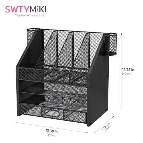 SWTYMIKI Desk Organizer with Drawers - Mesh and Wood Desk File Organizer with Pen Holders, 4-Tier Paper Organizer for Office Organizer and Accessorie, School and Home Storage, Black - color: Black, size: 13.3" x 10.2" x 15.8"