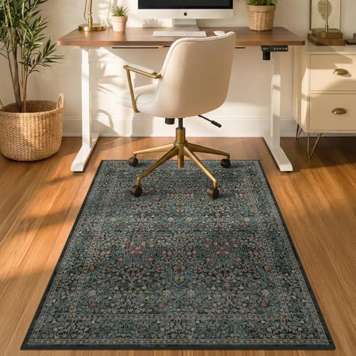 Vintage Floral Dark Green Office Chair Mat for Hardwood & Tile Floor, 3x4 Non-Slip Ultra Soft Low Pile Under Desk Rug, Floor Protector for Heavy Duty Office Chair, Stain Resistant, Easy to Clean - color: Forest - Dark Green, size: 3' x 4'