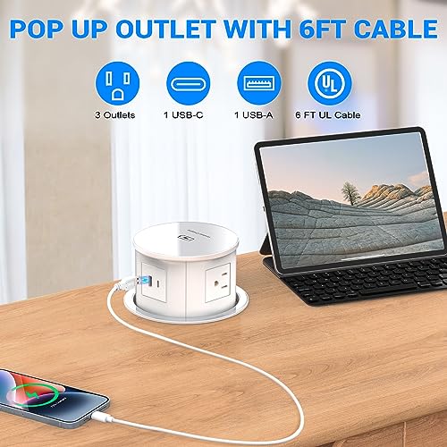 XBA Pop Up Outlet with 15W Wireless Charger, 4 AC Plug 1 USB-A and 1 USB-C, Electrical Desk Power Grommet for Kitchen Countertop, 4-3/4'' Hidden Recessed Power Strip for Home Office (White) - color: White