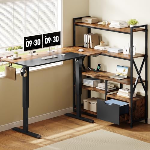 77.8 Inches L Shaped Standing Desk Corner Desk with Hutch Electric Height Adjustable Desk with Storage Shelves File Drawer Power Outlets Reversible Computer Gaming Desk for Home Office, Brown - color: Brown