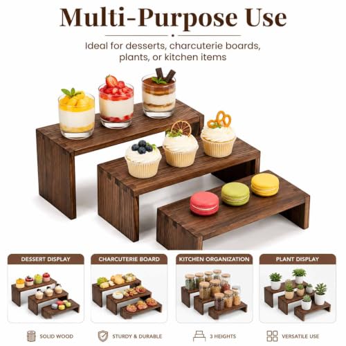 Set of 3 Wooden Display Risers, Tiered Display Stand, Shelf Risers for Table Display, Small Wood Display Shelf - color: Cranberry