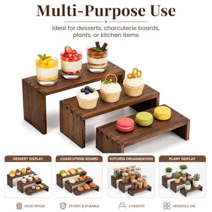 Set of 3 Wooden Display Risers, Tiered Display Stand, Shelf Risers for Table Display, Small Wood Display Shelf - color: Cranberry