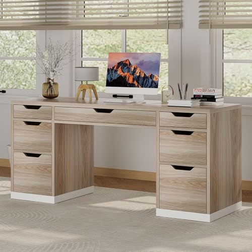 Computer Desk with 7 Drawers, Home Office Desk with Storage, Light Walnut | 54 Inch Writing Desk with 7 Drawers for Small Spaces, Study Desk for Bedroom
