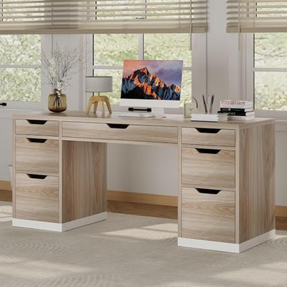 Computer Desk with 7 Drawers, Home Office Desk with Storage, Light Walnut | 54 Inch Writing Desk with 7 Drawers for Small Spaces, Study Desk for Bedroom