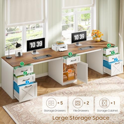 Vabches Executive Computer Desk 110" Two Person Desk with 5 Storage Drawers - color: Unique White