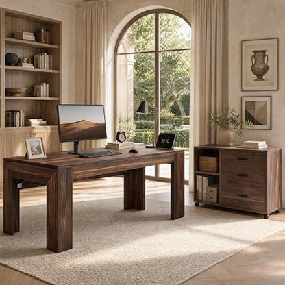 Tribesigns L Shaped Executive Desk with Drawers,Walnut | Large Office Desk with Rolling File Cabinet Combo,Home Office Computer Desk,Wooden Desk with Long Front Baffle - color: Walnut