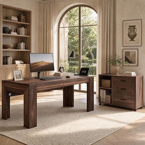 Tribesigns L Shaped Executive Desk with Drawers,Walnut | Large Office Desk with Rolling File Cabinet Combo,Home Office Computer Desk,Wooden Desk with Long Front Baffle - color: Walnut