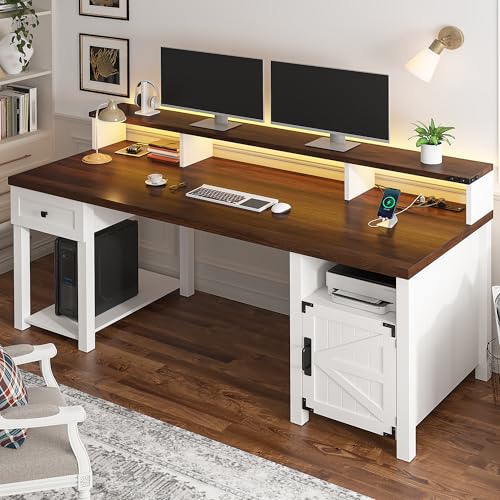 EnHomee 55" Farmhouse Writing Desk with Long Monitor Stand,Cabinet,Drawer | Sturdy Wooden Frame No Wobble,3AC+2USB for Multiple Devices,Farmhouse-style Classy Bedroom Aesthetic,White