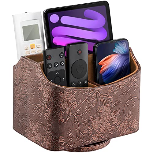 LAMOTI Leather 360 Spinning TV Remote Caddy - 5-Compartment Desk Organizer for Universal Remotes, Phones, Tablets, Pens, Eyeglasses & More (Antique) - color: Antique