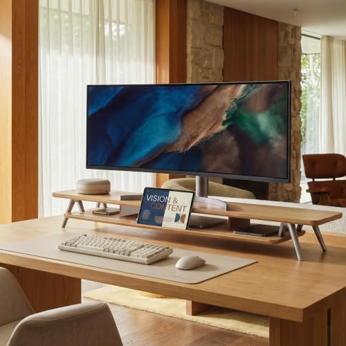 Fenge Dual Monitor Stand Riser, Wooden Desk Shelf with 2-Tier Storage - color: Dark Oak, size: 47.2 Inch