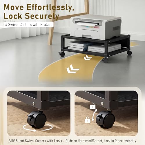Zonon 2 Tier Printer Stand Under Desk with Wheels, Open Shelf, Black - color: Black