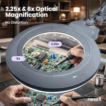 Neatfi XL Bifocal LED Magnifying Lamp, 7” Acrylic Lens, 2.25X/6X Magnification, 1,600 Lumens Dimmable | Hands-Free Close Work | Crafting, Jewelry & Reading (Gray, 7-inch Lens, Non-CCT with Clamp) - color: Gray, size: 7-inch Lens, Non-CCT with Clamp