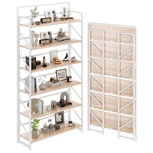 JSB Folding Bookshelf,Industrial Storage Shelves, No Assembly Vintage Wood Look Bookshelf with Storage Shelves for Living Room, Bedroom, Office (White, Wide 6-Tier) - color: White, size: Wide 6-Tier