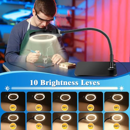 30X 10X Magnifying Glass with Light and Stand, LED Desk Lamp for Close Work - color: Black