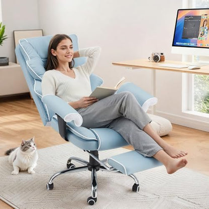 Ergonomic Executive Office Chair with 6-Point Vibration & Heat - Reclining Managerial Chair with Adjustable Footrest and Armrests,Big and Tall Leather Home Office Desk Chairs(Airy Blue) - color: Airy Blue