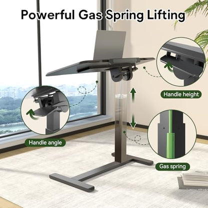 180° Tilt Foldable Standing Desk 32" Bedside Table on Wheels | Pneumatic Height Adjustable Rolling Laptop Desk with 4 Hidden or Lockable Casters, Portable Overbed Table for Sofa Bed, Black - color: Black