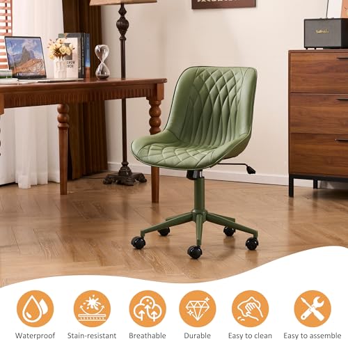 YOUNIKE Faux Leather Office Desk Chair Comfy Vanity Chair Armless Green | Ergonomic Upholstered Rocking Back, Swivel with Wheels, Height Adjustable, Modern Task Chair For Computer Sewing Drafting - color: All Green
