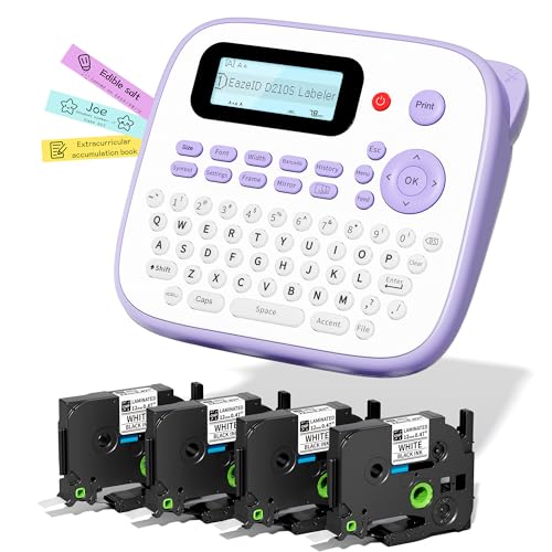 D210S Label Maker Machine with Tapes, Label Maker Waterproof-Labels, Portable Labeler with 4PK Tapes Bundle 12mm 0.47 Laminated White, Wireless Labeling Machine for Jars Bottle School Supplies - color: Purple, style: label maker with 4 tapes