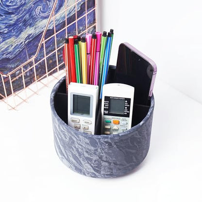 Round Leather Art Supply Organizer,Remote Control Holder,360 Degree Spinning,Multi-Functional Pencil Holder,4 Compartments Desktop Stationary Organizer(1-Hill Blue) - color: 1-Hill Blue