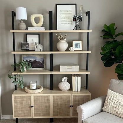 Nathan James Theo Industrial Open Shelf Bookcase with Accent Rattan Drawers Light Oak Wood, Matte Black Frame, Set of 3 - color: Theo Light Oak/Black, size: Set of 3