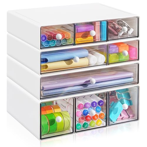 Desk Organizer with 9 Drawers, 4 Tiers Stackable Storage Drawers, Desktop Storage Box with Clear Drawers for Stationery, Makeup, Jewelry, Office and Craft Supplies (White) - color: White
