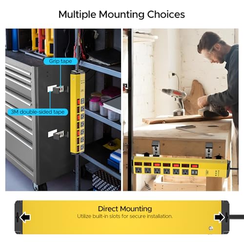 CRST 6 Outlet Metal Power Strip with 2 USB (3.4A) & Individual Switches - color: Yellow+2USB-6FT, size: 6FT