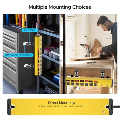CRST 6 Outlet Metal Power Strip with 2 USB (3.4A) & Individual Switches - color: Yellow+2USB-6FT, size: 6FT