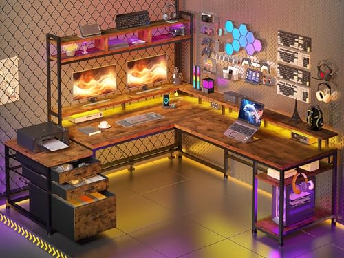 EnHomee 104" L Shaped Desk, 4 Layout Convertible RGB Lights & Monitor Stand - color: Rustic Brown