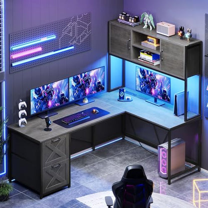 SEDETA Reversible L Shaped Gaming Desk with Drawers, LED Lights, - color: Grey