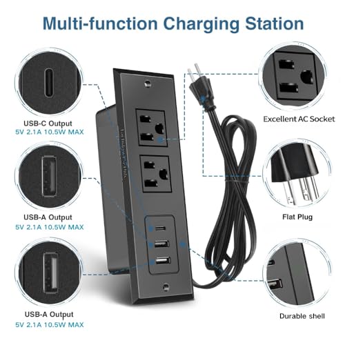 Recessed Power Strip, Flush Mount Power Adapter Charging Station with USB C Plug Multiple Surge Protector Hidden Outlet Extender with Extension Cord for Desk Furniture Table Nightstand Bed (Black)