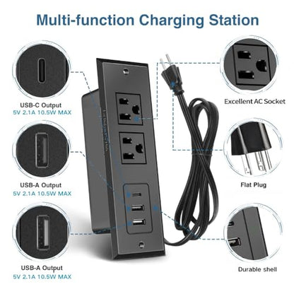 Recessed Power Strip, Flush Mount Power Adapter Charging Station with USB C Plug Multiple Surge Protector Hidden Outlet Extender with Extension Cord for Desk Furniture Table Nightstand Bed (Black)