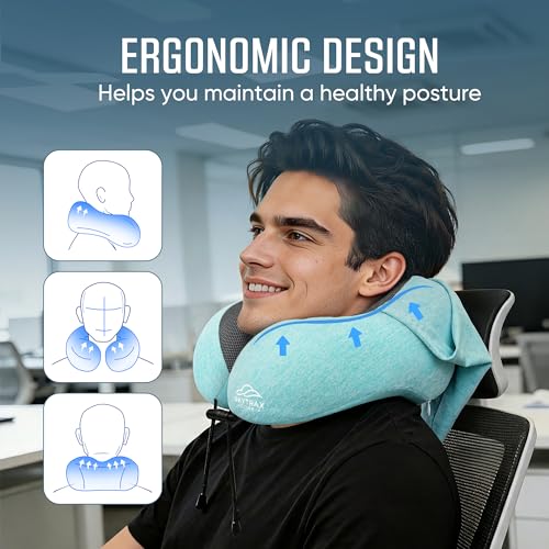 SkytraxComf® Travel Neck Pillow with Hood for Privacy on Long Flights | Memory Foam | Airplane Sleep | Safety-Tested Materials | Extra Large Hood | Chin Support | Earplugs | Washable Cover - color: Mint Blue