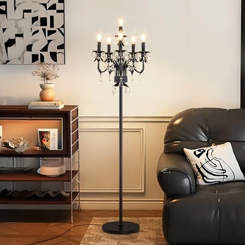 Wellmet Black Crystal Floor Lamp, Tall Vintage Standing Living Room Lamp | 6 Lights Farmhouse Floor Lamp with ON/OFF Foot Switch, Elegant Candelabra Floor Lamp for Corner,Office,Reading Room,Bedroom - color: Black