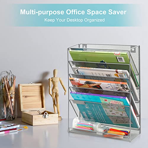 EasyPAG 5 Tier Wall File Holder, Mesh Hanging Folder Organizer with Classify Label, Versatile Desk File Holder, Vertical Wall Mounted Mail Organizer for Office Home Cubicle, Silver - color: Silver