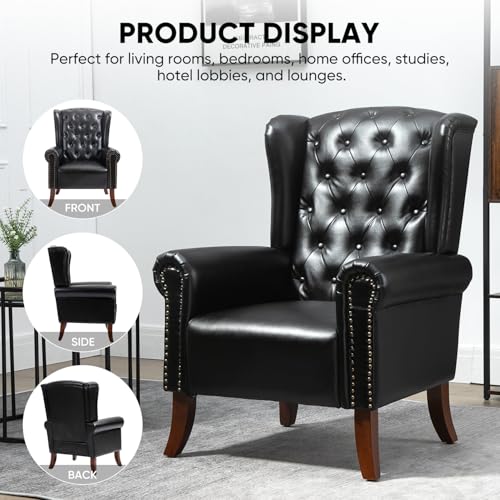 MOJAY PU Leather Accent Chair, Mid-Century Living Room Sofa Chair, Upholstered Arm Chair with Sturdy Wooden Legs, Faux Leather Club Chair for Bedroom Study Home Office Reception (Black) - color: Black, size: Set of 1
