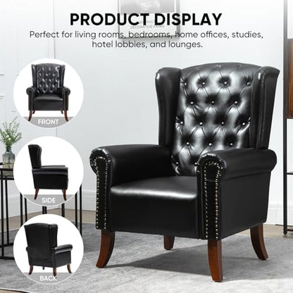MOJAY PU Leather Accent Chair, Mid-Century Living Room Sofa Chair, Upholstered Arm Chair with Sturdy Wooden Legs, Faux Leather Club Chair for Bedroom Study Home Office Reception (Black) - color: Black, size: Set of 1