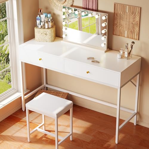 SUPERJARE 43-inch White Desk with 2 Drawers and Padded Stool - color: White, size: 43.3 inch