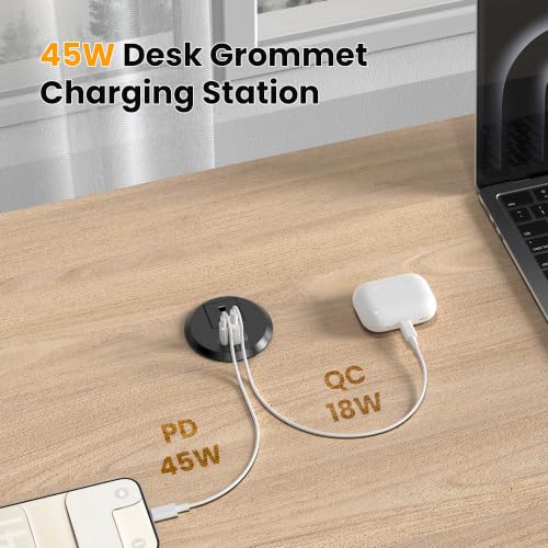 2 Inch Desk Power Grommet Outlet, 1AC Outlets, 3 USB (2 USB-C), Black, 6FT - color: Black