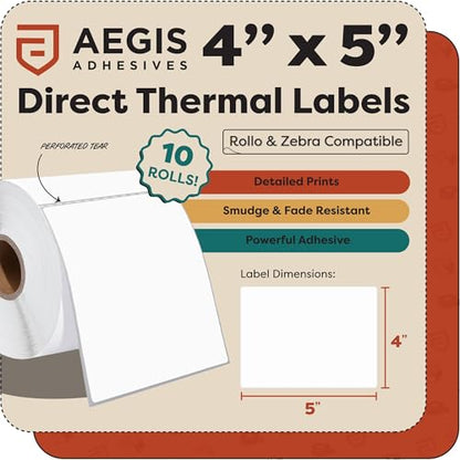 4" X 5" Direct Thermal Labels (3000 Count, 10 Rolls) | Postage Shipping Labels, FNSKU Barcode Identification - Compatible With Zebra and Rollo Printers - Aegis Adhesives - size: 4" X 5"