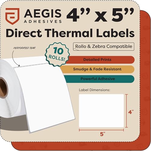 4" X 5" Direct Thermal Labels (3000 Count, 10 Rolls) | Postage Shipping Labels, FNSKU Barcode Identification - Compatible With Zebra and Rollo Printers - Aegis Adhesives - size: 4" X 5"