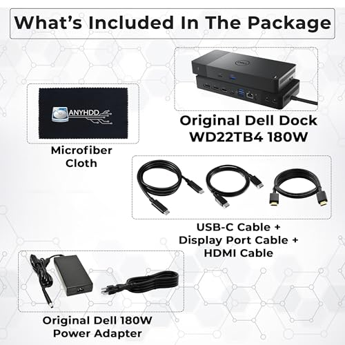 Dell WD22TB4 Thunderbolt 4 Dock - 1 Year Warranty, 40Gbps USB-C/USB A, Dell Docking Station w/ 180W Adapter, HDMI, DisplayPort, USB-C Cables - Supports 4K Displays & Upto 3 Monitors (Renewed)