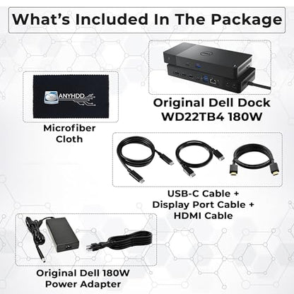 Dell WD22TB4 Thunderbolt 4 Dock - 1 Year Warranty, 40Gbps USB-C/USB A, Dell Docking Station w/ 180W Adapter, HDMI, DisplayPort, USB-C Cables - Supports 4K Displays & Upto 3 Monitors (Renewed)