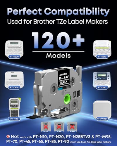 Replace for Brother TZe-335 Label Maker Tape White on Black Label Tape 1/2" | TZe335 TZ Tape 12mm 0.47 Laminated Black for Brother PT-H103w H110 D210 D220 D400 1180 1280 1890 2040 P-touch Refills, 5-Pack - color: White on Black