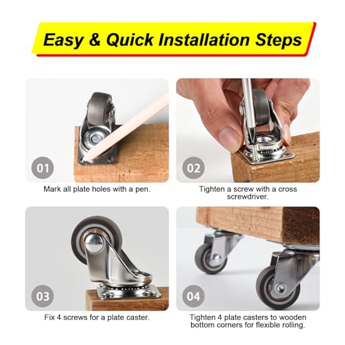 Small Caster Wheels 1 Inch Swivel Plate Castors 4pcs 360 Degree Rollable Low Profile Soft Rubber Wheel Replacement with Screw in Smooth and Quiet for Rolling Light Furniture Weight Under 100Lb