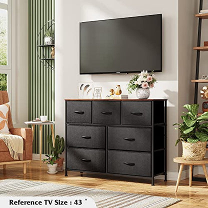 WLIVE 7 Drawer Dresser TV Stand, Entertainment Center, Media Console Table with Metal Frame and Wood Top for TV up to 45 inch, Chest of Drawers for Bedroom, Living Room, Black and Rustic Brown - color: Black and Rustic Brown