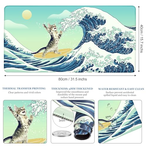 Funny Cat Desk Mat, Desk Matt for Desktop, Surfer Cat DeskPad Mat, XXL Large Mouse Pad for Desks, Anti-Slip Big Mousepad with Stitched Edges, Keyboard Mats for Computer, Work, Office, Game, Home - color: Funny Surfer Cat Battle Great Waves, size: 31.5L x