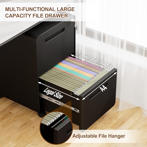 2 Drawer Mobile File Cabinet with Lock, 4 Keys and 25 Letter File Folders | Heavy-Duty Steel Rolling Filing Cabinet Pre-Assembled Under Desk for Home Office Letters/Legal/A4 Hanging File Folders - color: Black, size: 25.8"H*15.7"W-2 drawers(25 letter fold