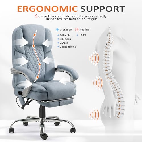 HOMREST 6-Point Massage Office Chair with Reclining Backrest, Heated Executive Office Chair, Velvet Ergonomic Computer Desk Chair with Footrest & Padded Armrest, Airy Blue - color: Airy Blue