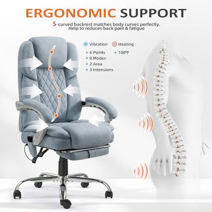 HOMREST 6-Point Massage Office Chair with Reclining Backrest, Heated Executive Office Chair, Velvet Ergonomic Computer Desk Chair with Footrest & Padded Armrest, Airy Blue - color: Airy Blue