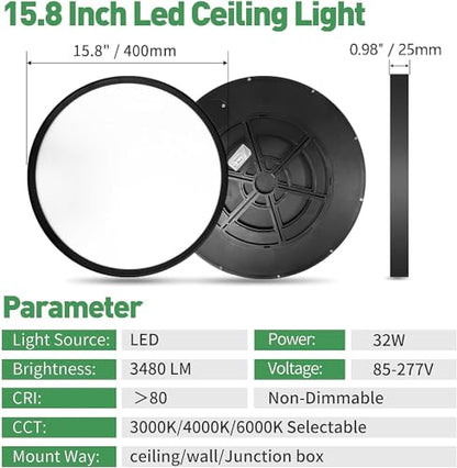 15.8Inch 4PK Black LED Flush Mount Ceiling Light,32W,3480LM,3CCT Selectable | 3000K/4000K/6000K CCT Selectable, Black Close to Ceiling Round Flat Panel Light, Super Slim LED Ceiling Light for Bedroom - color: Black